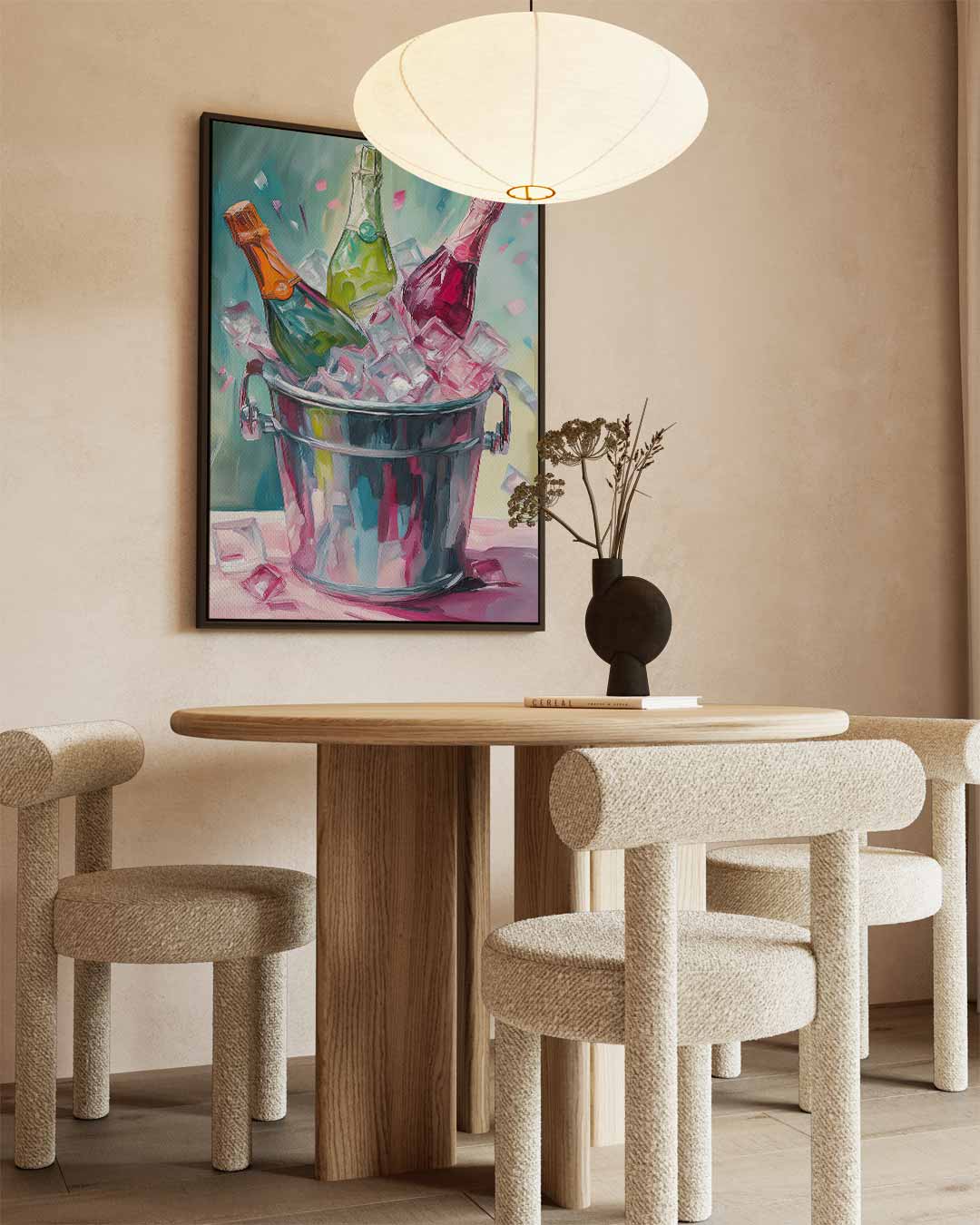 Drie Champagneflessen op IJs Kunstwerk-canvas-dibond-plexiglas-wanddecoratie-WallArtistic