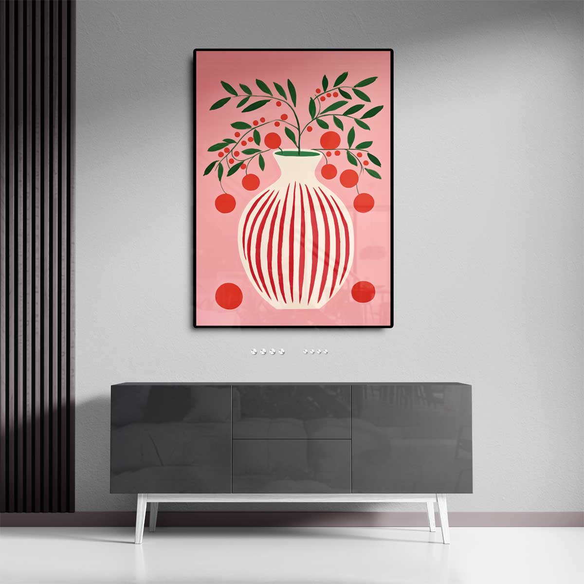 Speels Stilleven met Vaas en Bessen Kunstwerk-canvas-dibond-plexiglas-wanddecoratie-WallArtistic