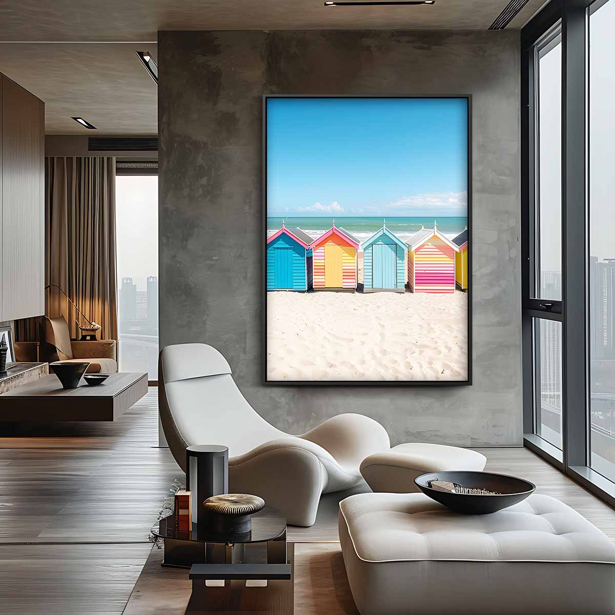 Kleurrijke Strandhuisjes Kunstwerk-canvas-dibond-plexiglas-wanddecoratie-WallArtistic