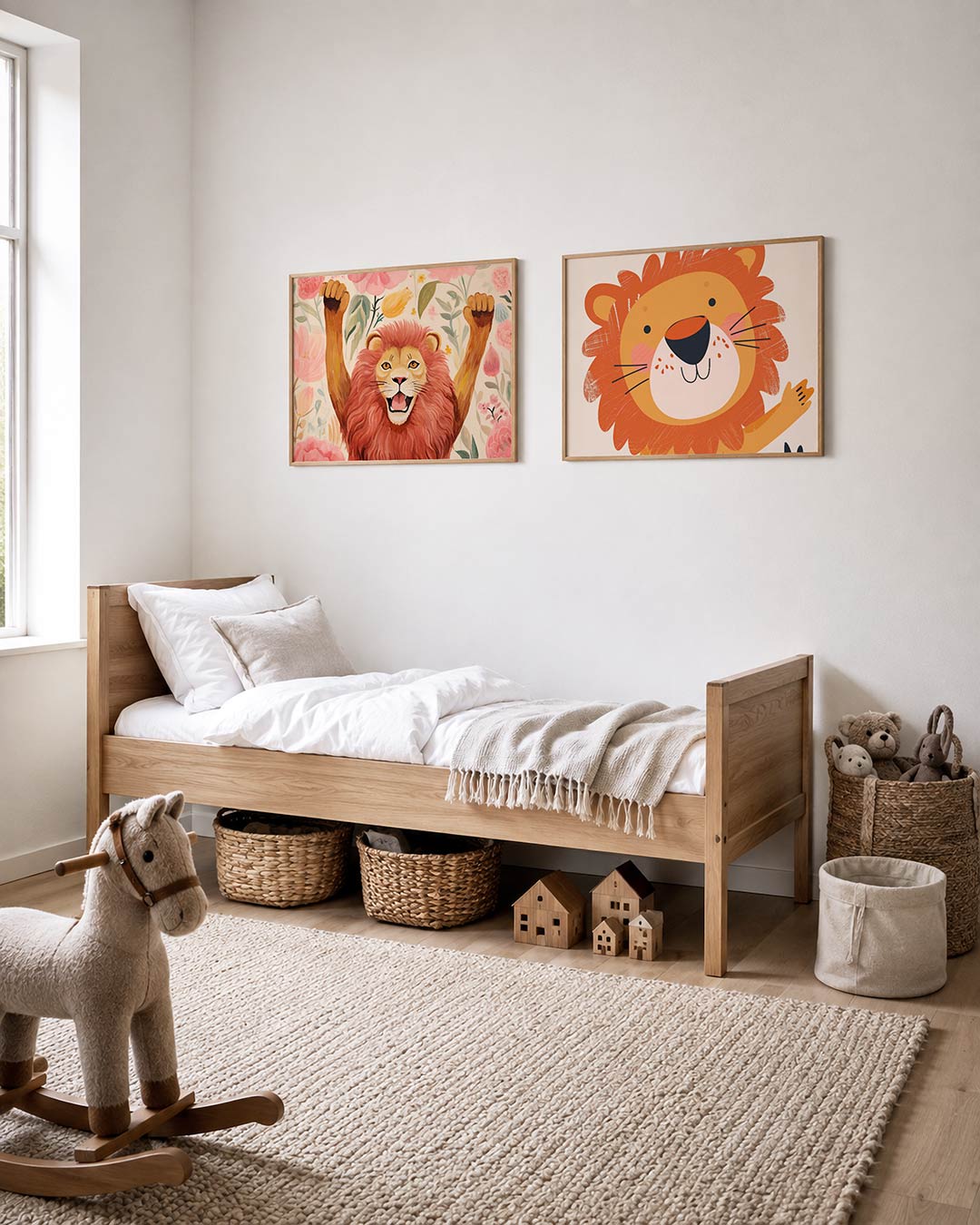 Tweedelige posterset met een vrolijke leeuw met opgeheven poten omringd door kleurrijke bloemen, getoond in een interieur