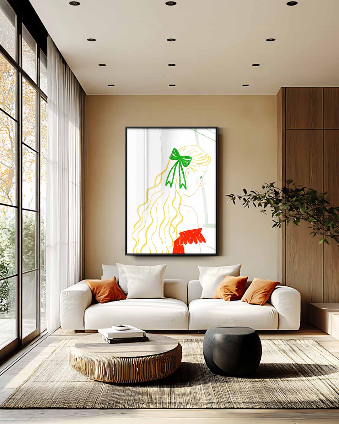 Meisje met Groene Strik Kunstwerk-canvas-dibond-plexiglas-wanddecoratie-WallArtistic