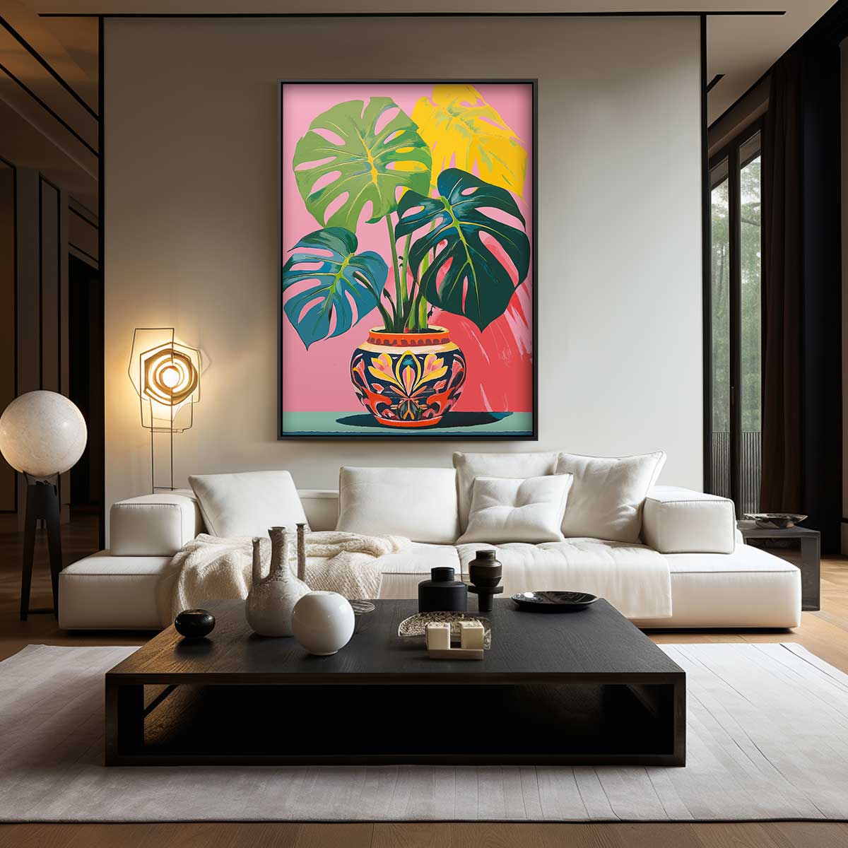Tropische Monstera in Kleurrijke Pot Kunstwerk-canvas-dibond-plexiglas-wanddecoratie-WallArtistic