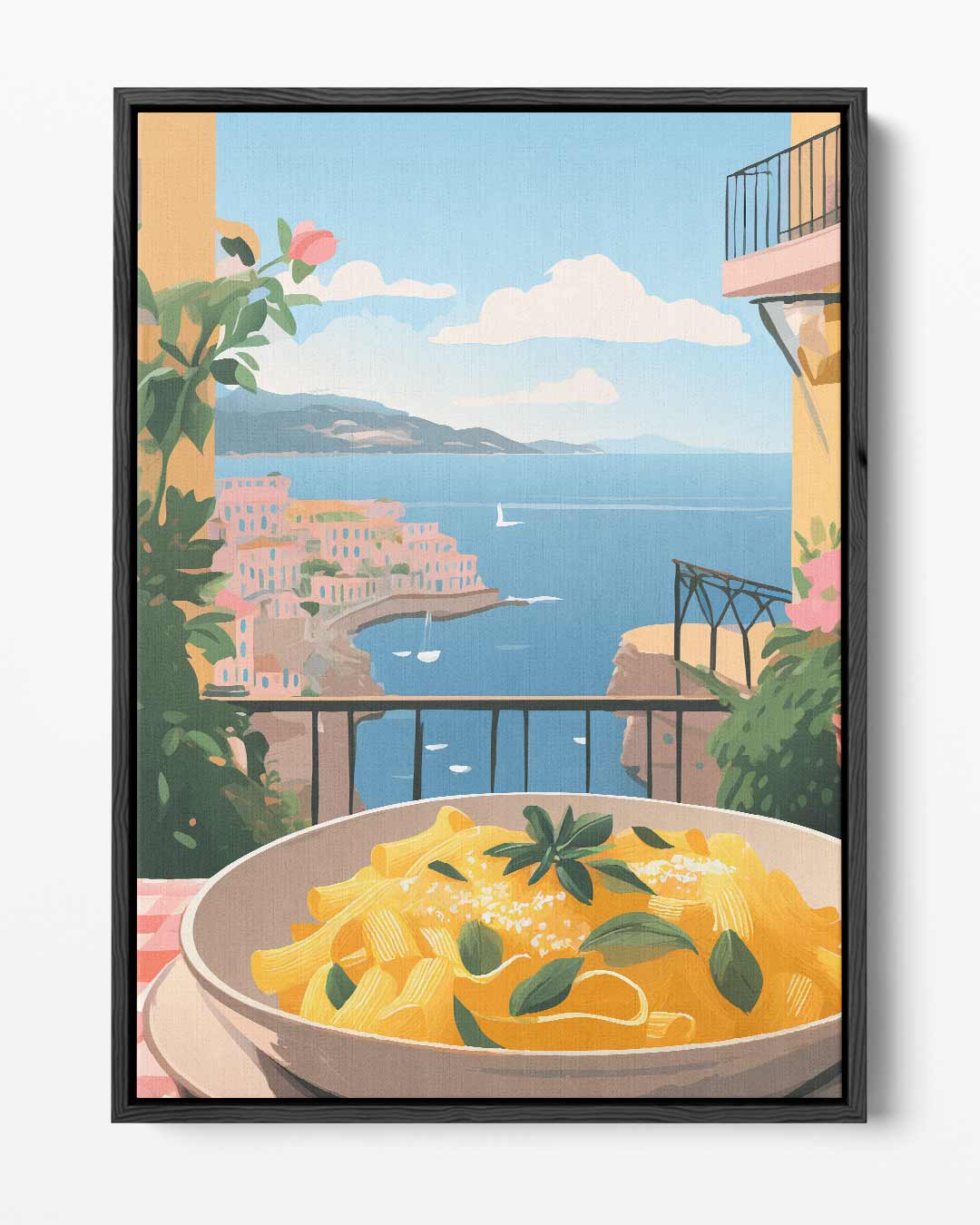 Mediterraans Terras met Pastagerecht Kunstwerk-canvas-dibond-plexiglas-wanddecoratie-WallArtistic