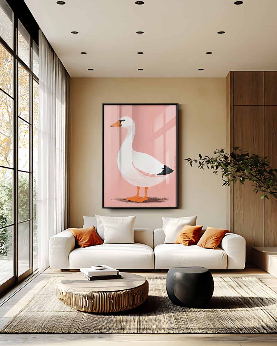 Elegante Gans op Zalmroze Achtergrond Kunstwerk-canvas-dibond-plexiglas-wanddecoratie-WallArtistic
