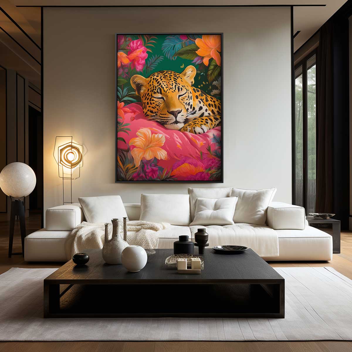 Sluimerende Luipaard in Bloemenpracht Kunstwerk-canvas-dibond-plexiglas-wanddecoratie-WallArtistic