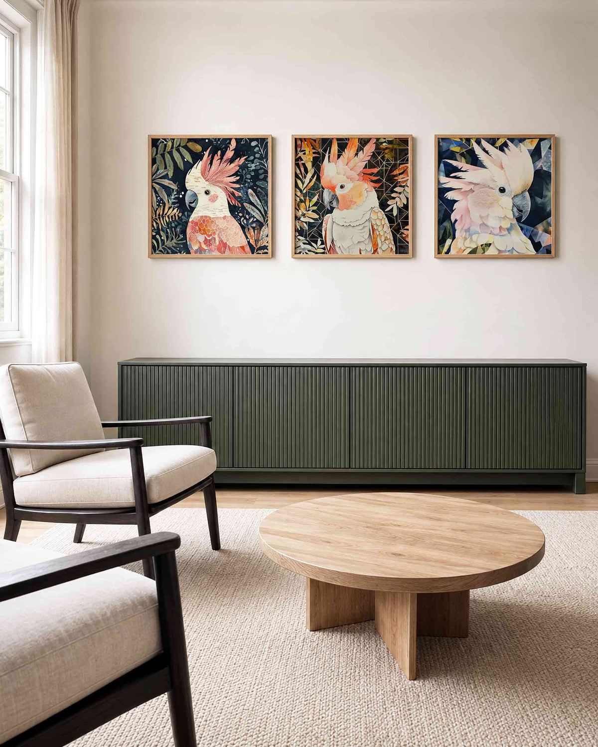 Interieurpresentatie van een driedelige vierkante posterset met kaketoes in botanische achtergrond