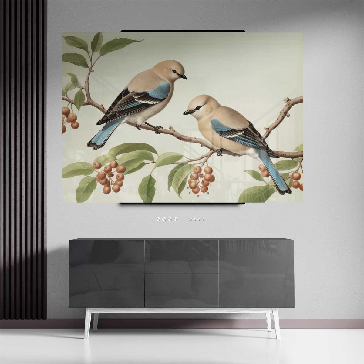 Twee Vogelvriendjes op een Tak Kunstwerk-canvas-dibond-plexiglas-wanddecoratie-WallArtistic