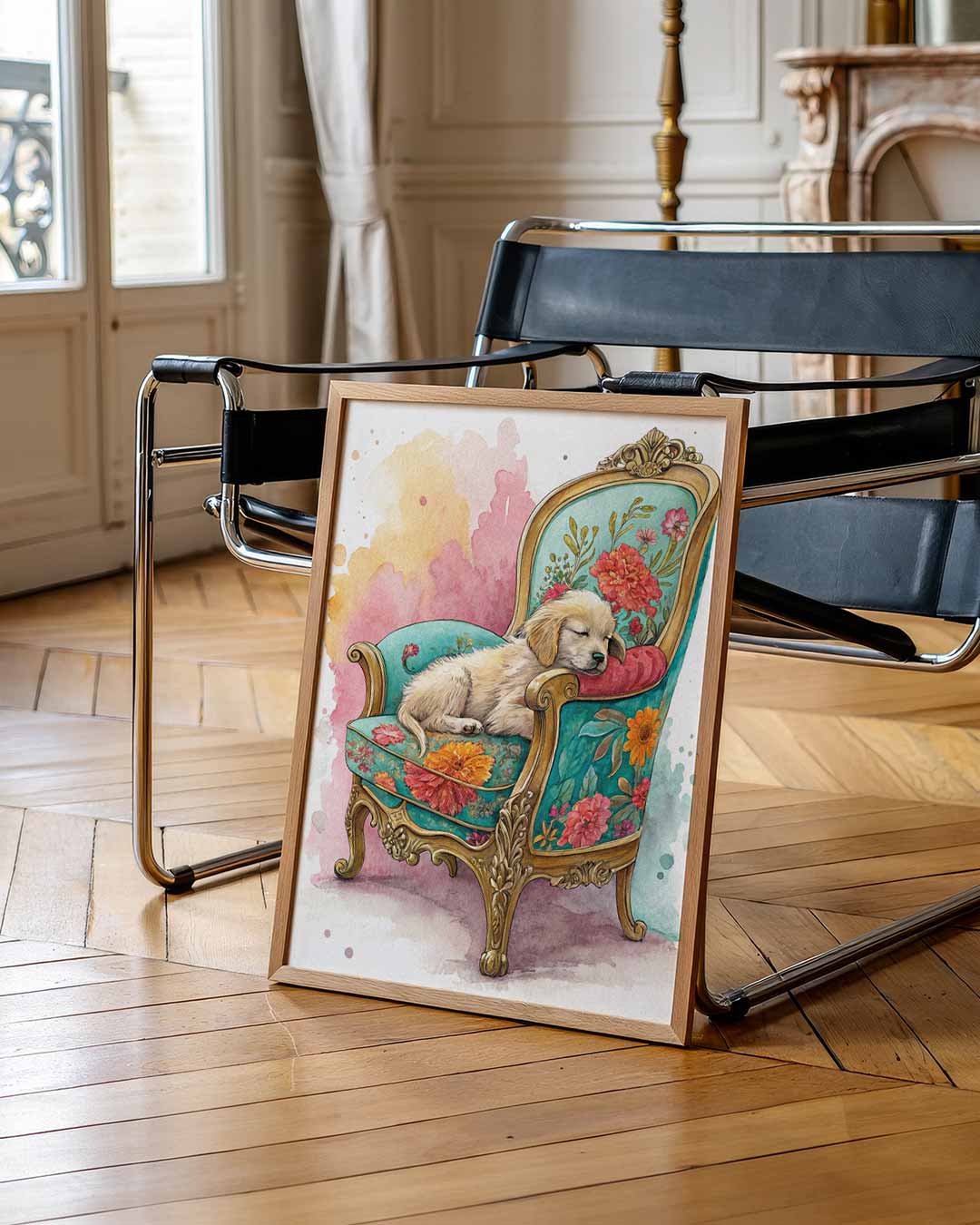 Dromerig Puppy op Bloemenstoel Poster