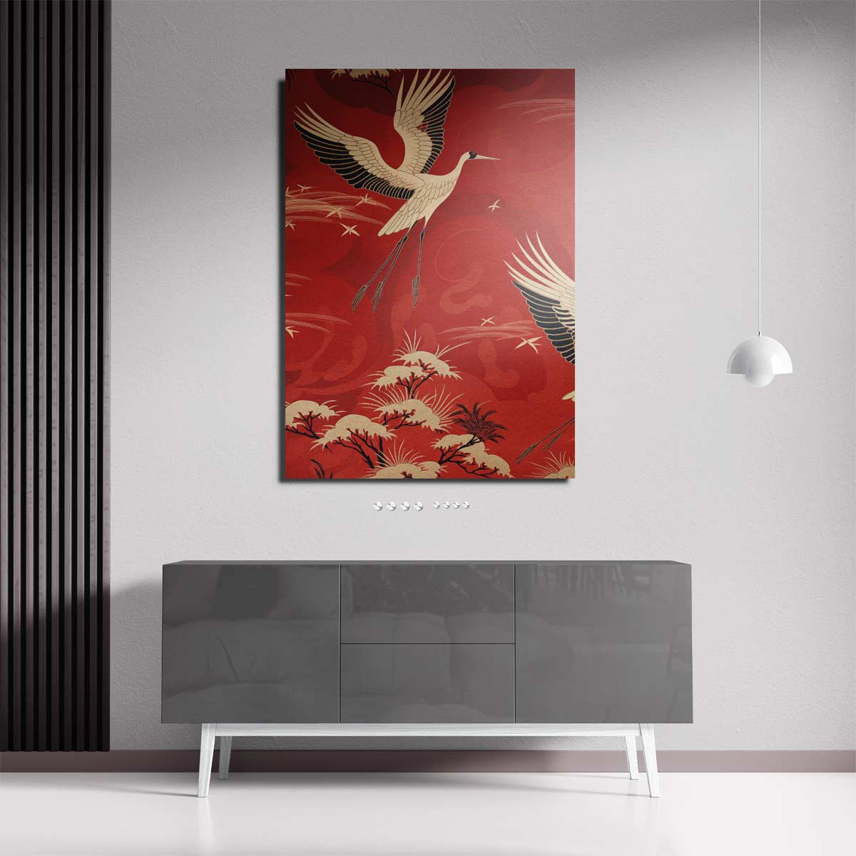 Vliegende Kraanvogels in het Rood Kunstwerk-canvas-dibond-plexiglas-wanddecoratie-WallArtistic