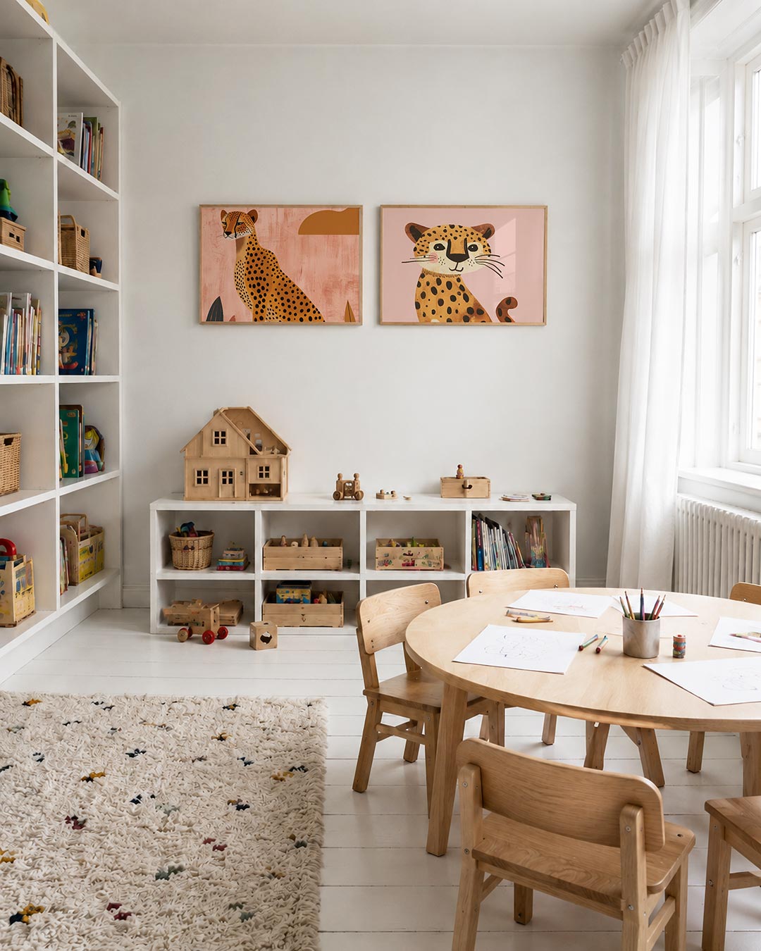 Tweedelige posterset met een sierlijke cheetah met zwarte vlekken op een zachte, roze achtergrond, getoond in een interieur