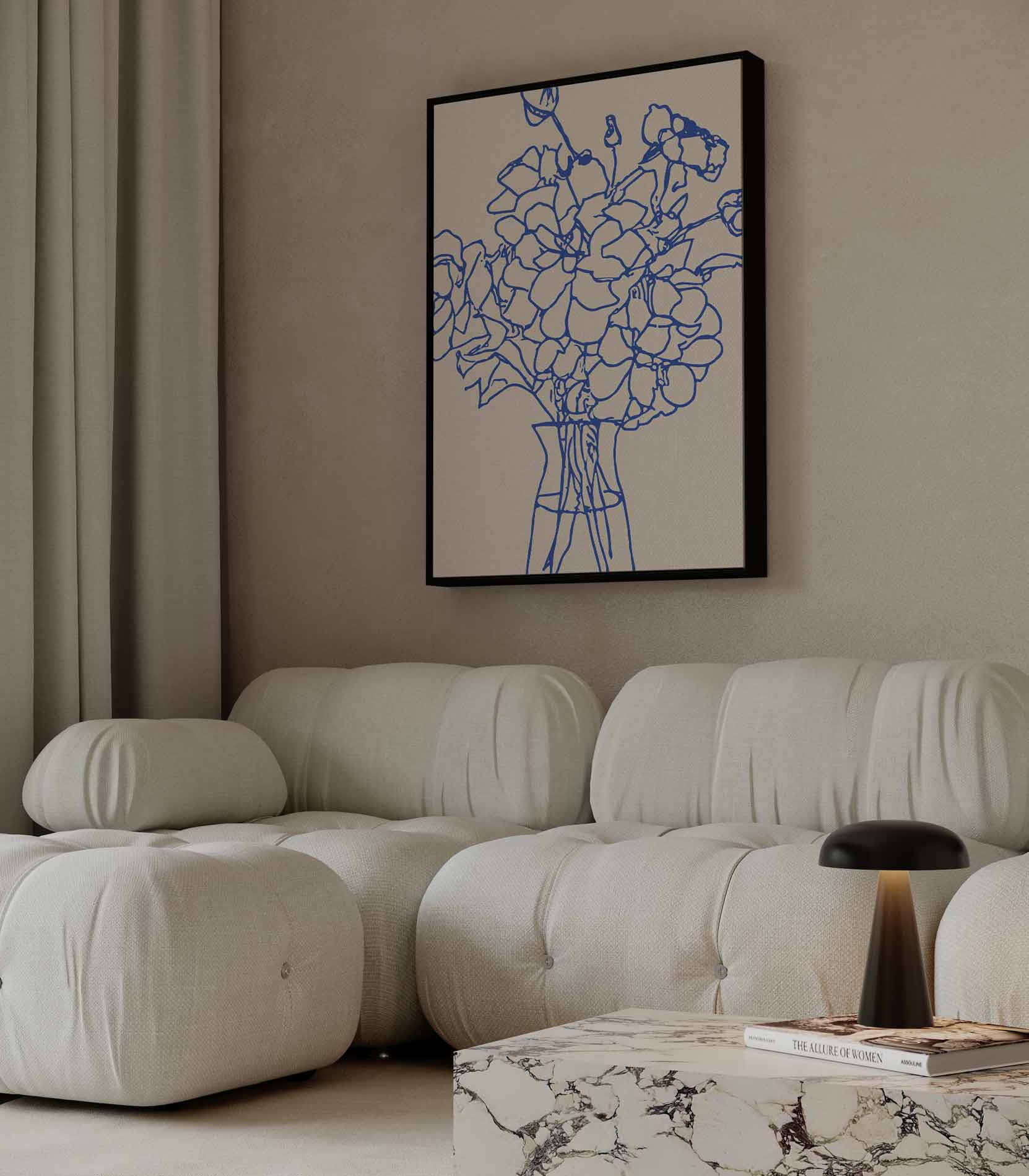 Elegante Blauwe Bloemenlijn Kunstwerk-canvas-dibond-plexiglas-wanddecoratie-WallArtistic