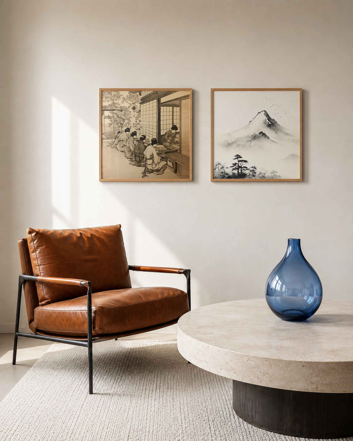 Interieurpresentatie van een tweedelige vierkante posterset met japanse scènes
