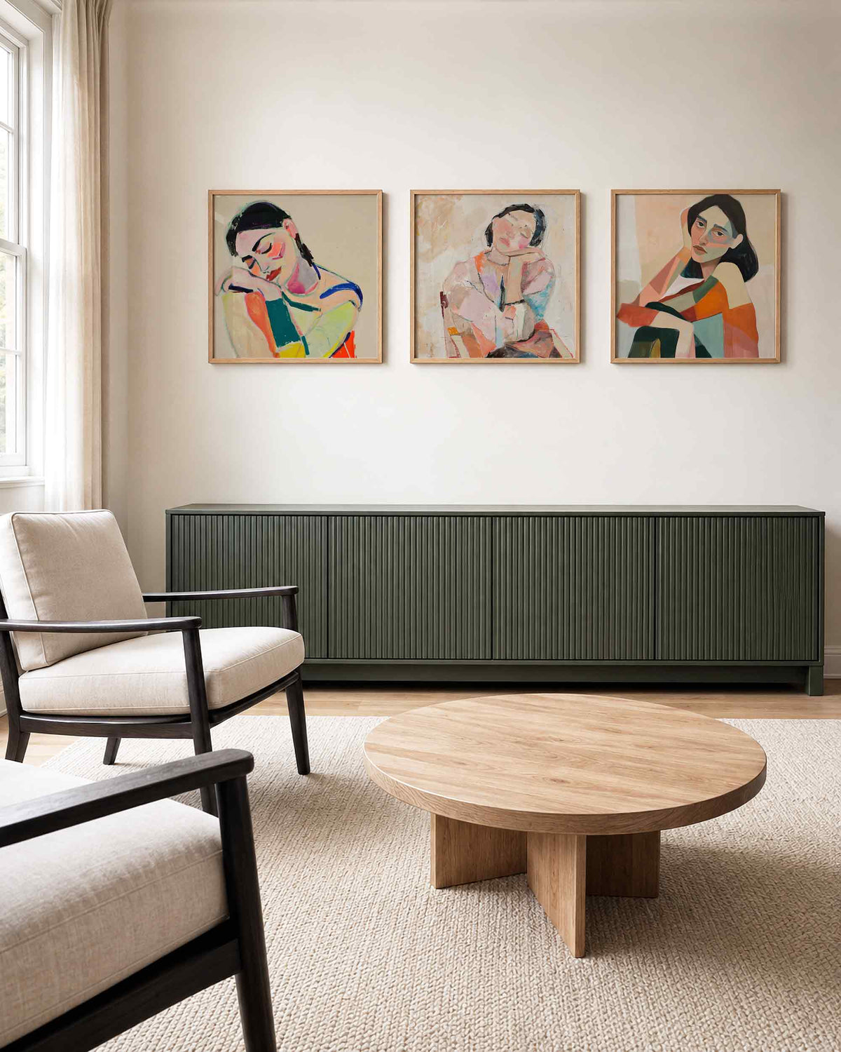 Interieurpresentatie van een driedelige vierkante posterset met abstracte vrouwenportretten
