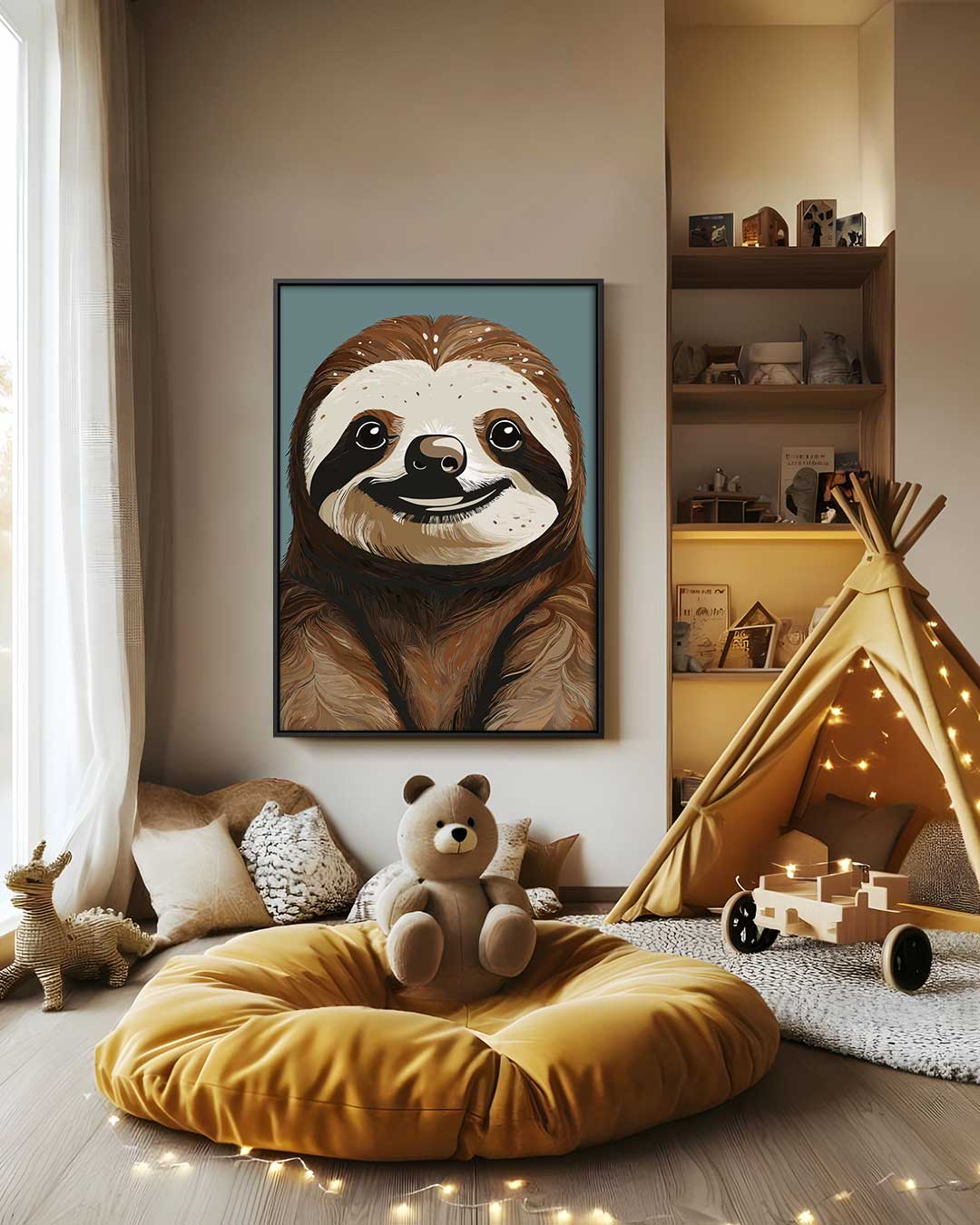 Schattige Luiaard Illustratie Kunstwerk-canvas-dibond-plexiglas-wanddecoratie-WallArtistic