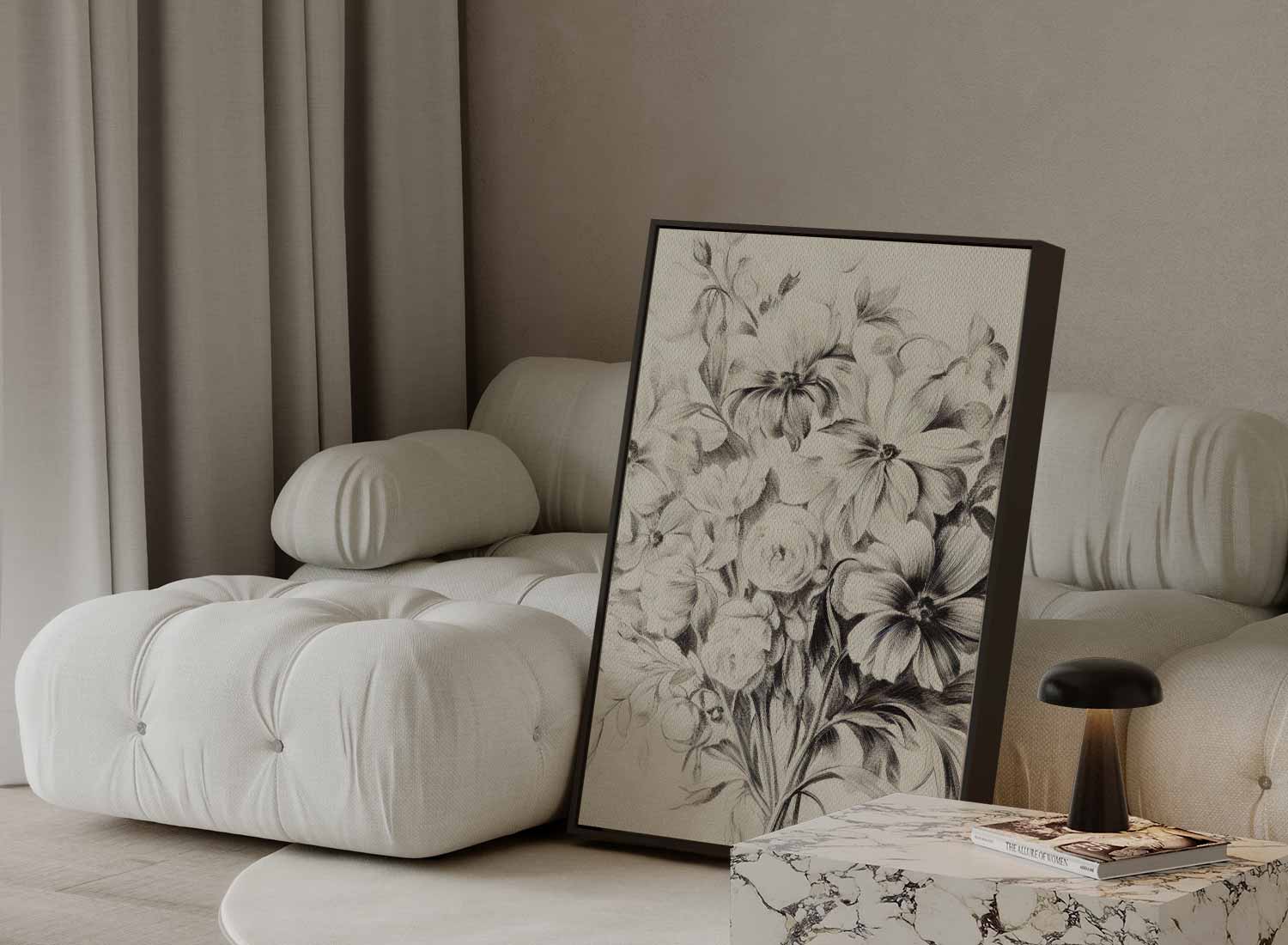 Bloemrijke Potloodtekening Kunstwerk-canvas-dibond-plexiglas-wanddecoratie-WallArtistic