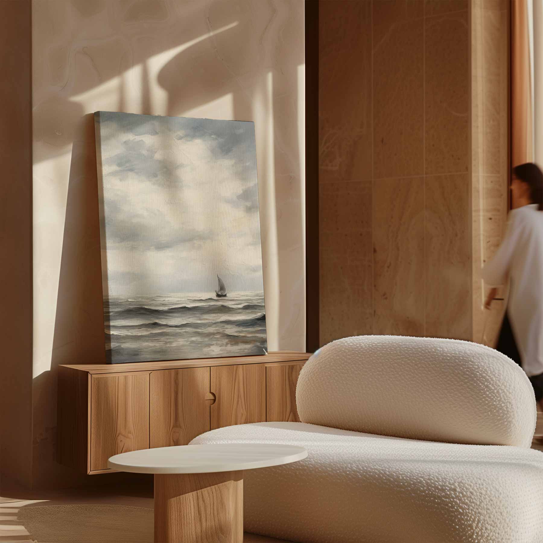 Eenzaam Zeilschip op de Woelige Zee Kunstwerk-canvas-dibond-plexiglas-wanddecoratie-WallArtistic