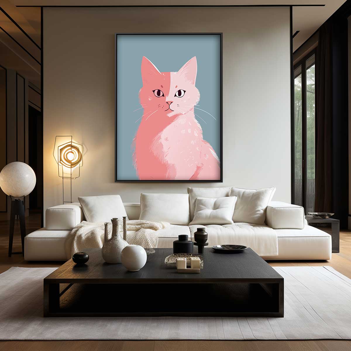Roze Kat op Blauw Achtergrond Kunstwerk-canvas-dibond-plexiglas-wanddecoratie-WallArtistic