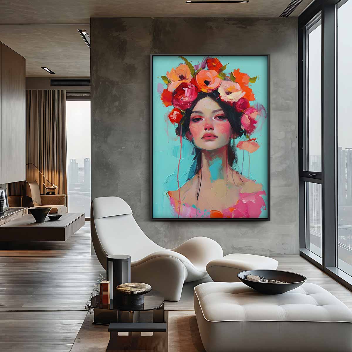 Bloemige Portretpracht Kunstwerk-canvas-dibond-plexiglas-wanddecoratie-WallArtistic