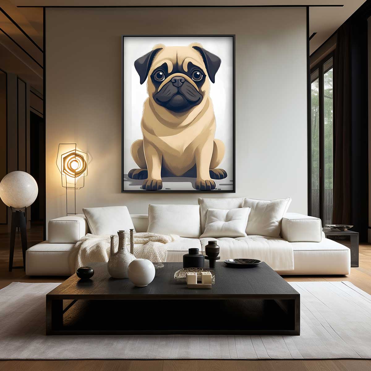 Schattige Mopshond Illustratie Kunstwerk-canvas-dibond-plexiglas-wanddecoratie-WallArtistic