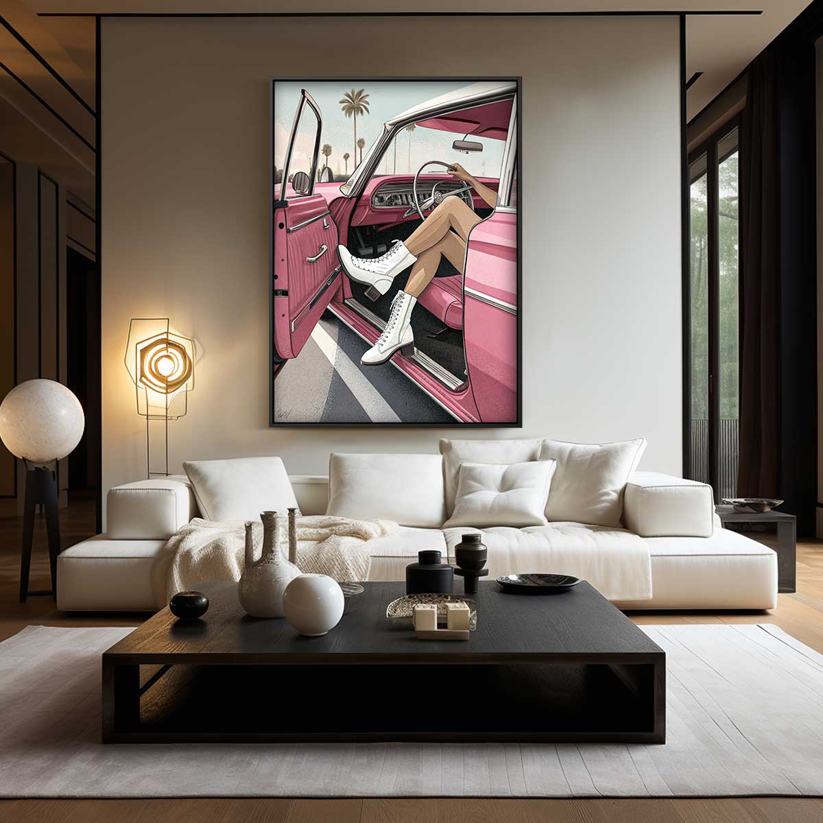 Zonnige Dag in de Retro Cabrio Kunstwerk-canvas-dibond-plexiglas-wanddecoratie-WallArtistic