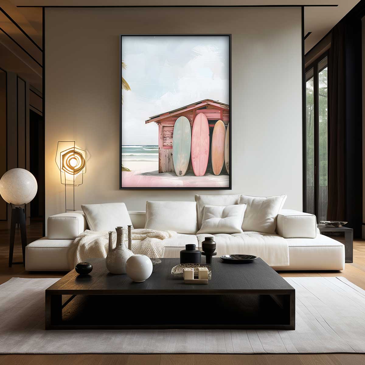 Strandhut met Surfplanken Kunstwerk-canvas-dibond-plexiglas-wanddecoratie-WallArtistic