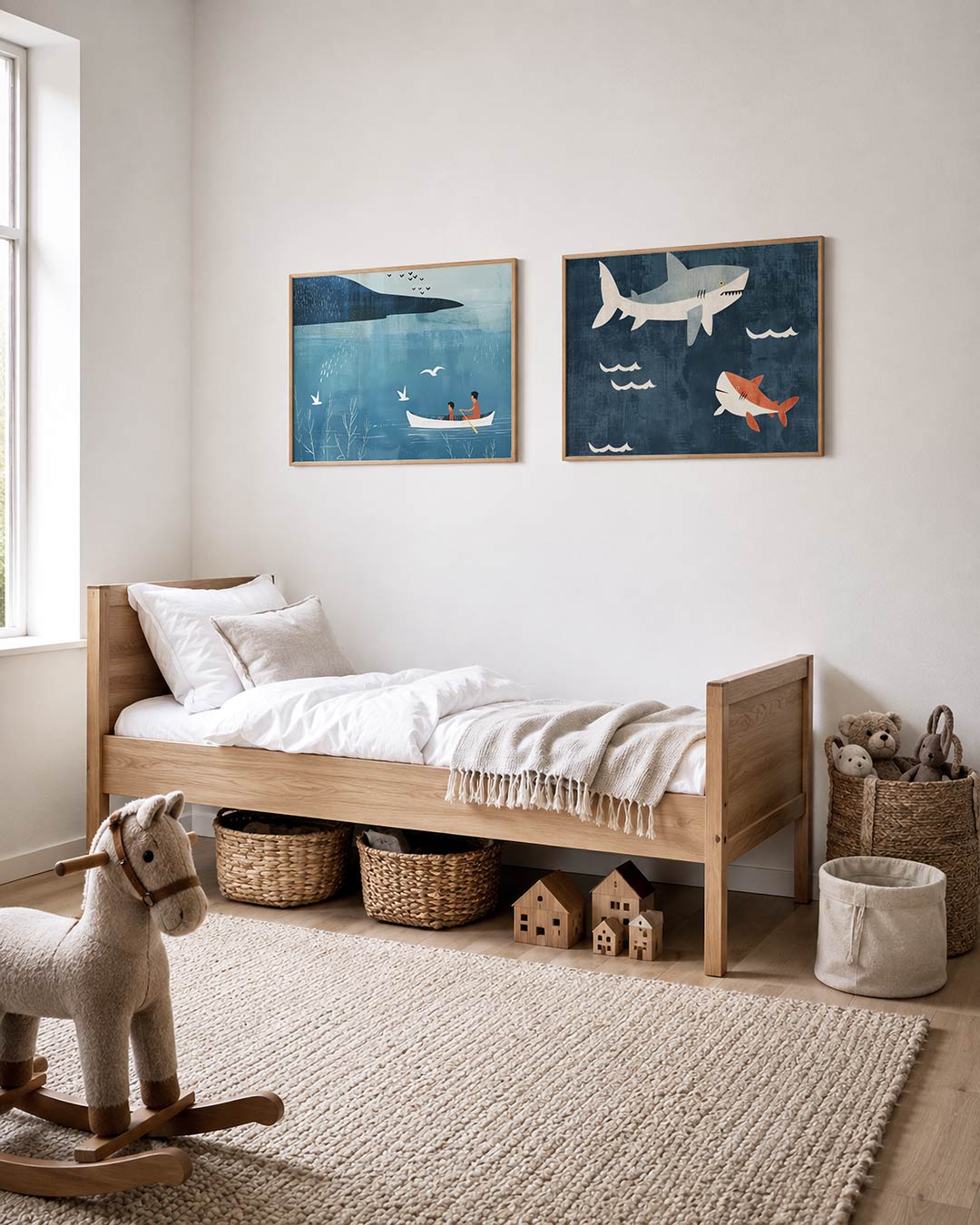 Tweedelige posterset met een serene scène met een kano op een blauw wateroppervlak, getoond in een interieur