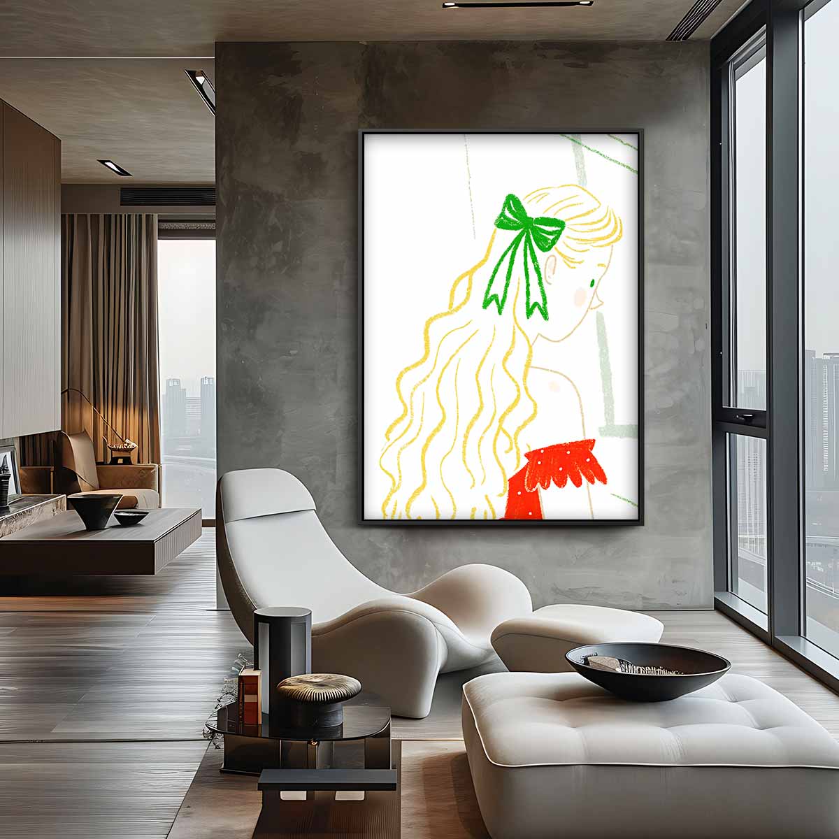 Meisje met Groene Strik Kunstwerk-canvas-dibond-plexiglas-wanddecoratie-WallArtistic
