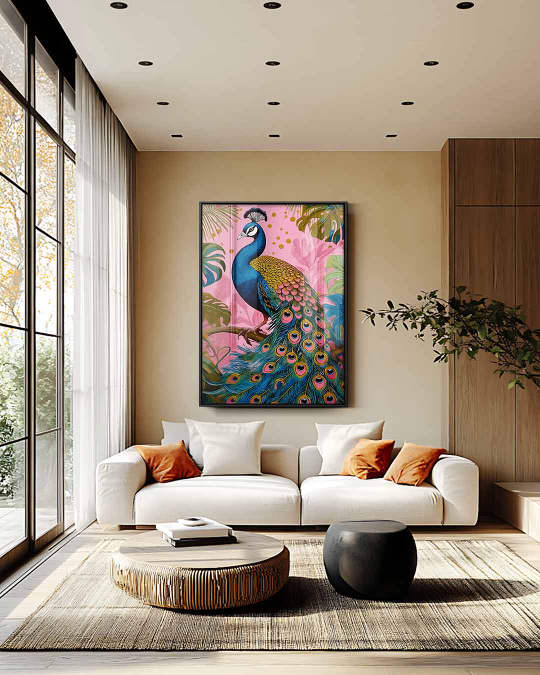 Kleurrijke Pauw in Tropisch Paradijs Kunstwerk-canvas-dibond-plexiglas-wanddecoratie-WallArtistic