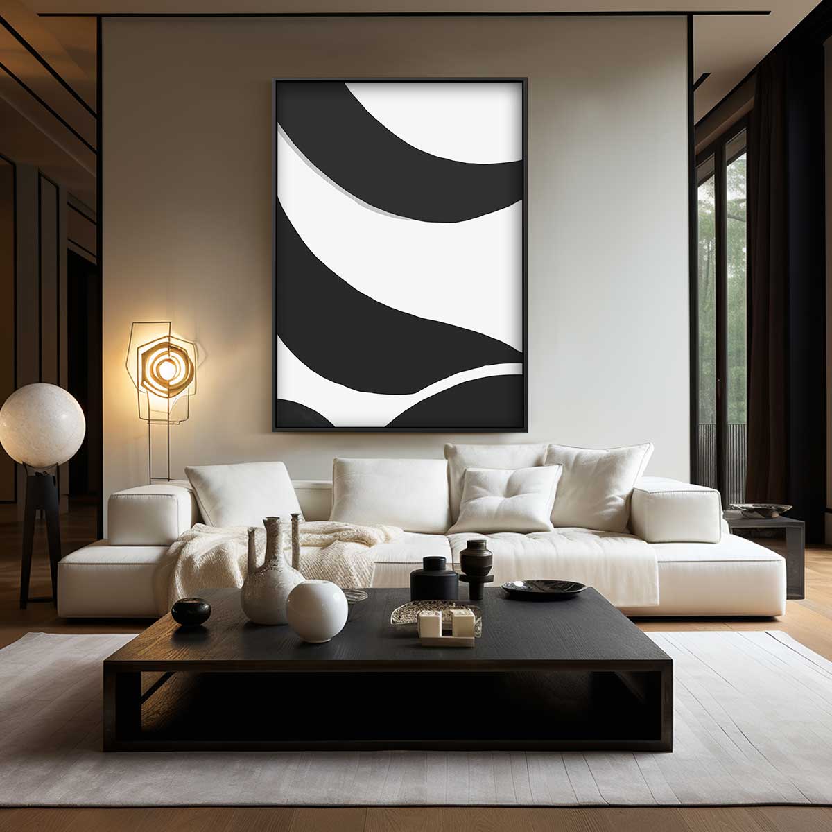 Zwarte Golven op Witte Achtergrond Kunstwerk-canvas-dibond-plexiglas-wanddecoratie-WallArtistic