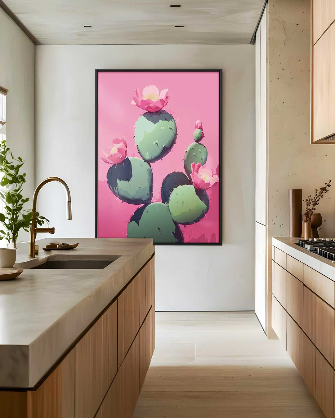 Cactus Bloei op Roze Achtergrond Kunstwerk-canvas-dibond-plexiglas-wanddecoratie-WallArtistic