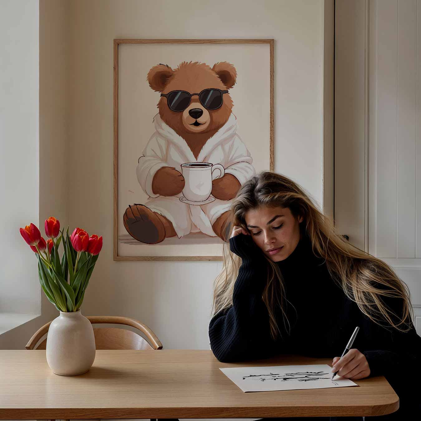 Chillende Beer met Koffie Poster-WallArtistic