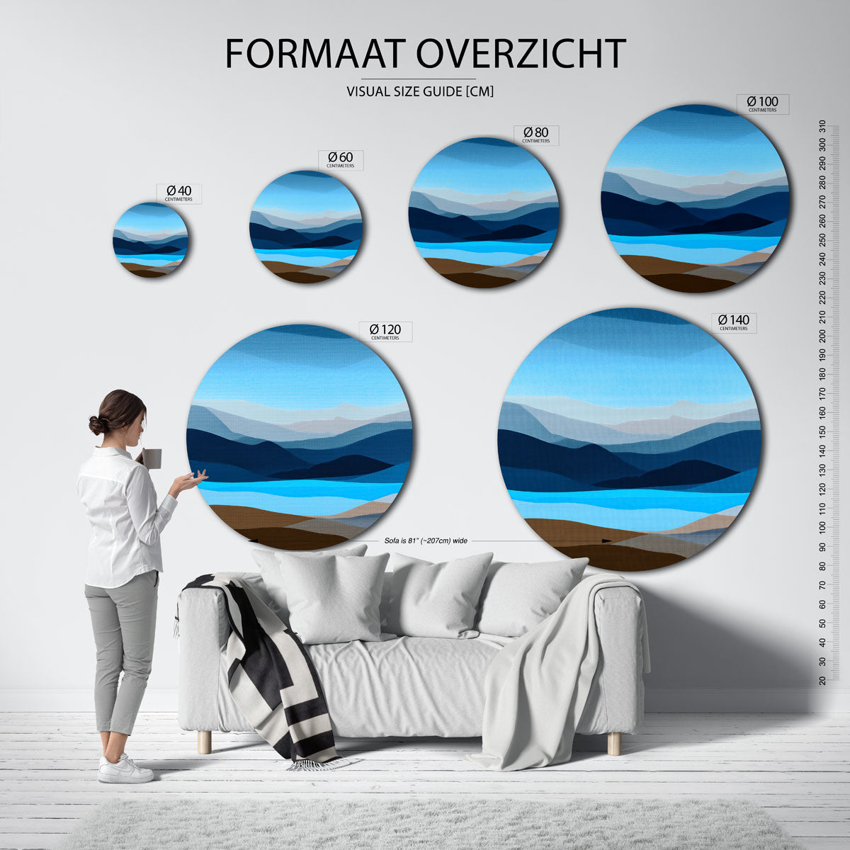 Landschap in blauw en bruin Muurcirkel