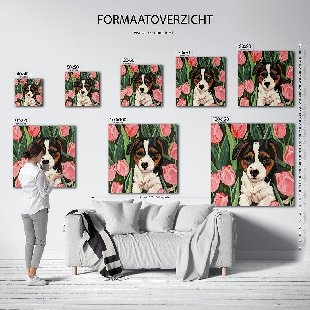 Hond tussen tulpen Kunstwerk