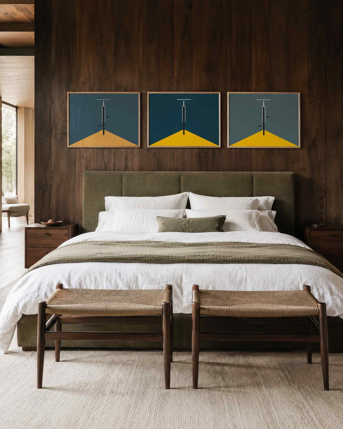 Interieurmockup van drieluik landscape-posterset met geometrische deuropening