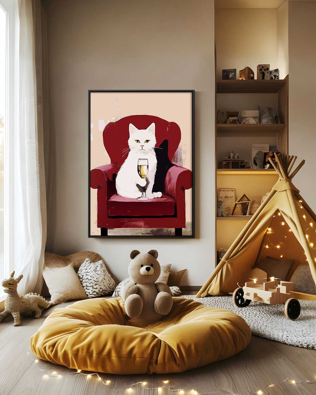 Luxe Kat met Wijn op Rood Stoel Kunstwerk-canvas-dibond-plexiglas-wanddecoratie-WallArtistic