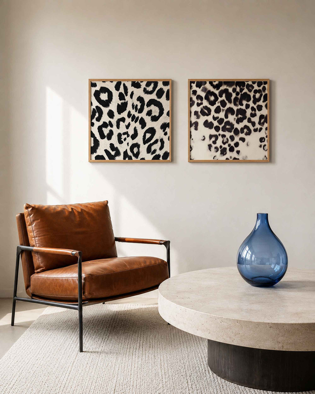 Interieurpresentatie van een tweedelige vierkante posterset met dierenprints in zwart en wit