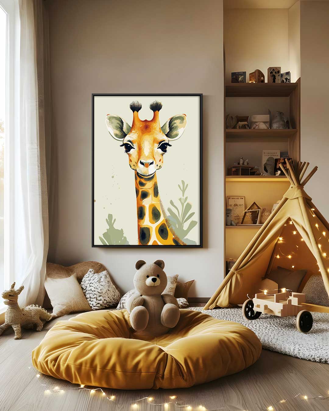 Vrolijke Giraffe Portret Kunstwerk-canvas-dibond-plexiglas-wanddecoratie-WallArtistic