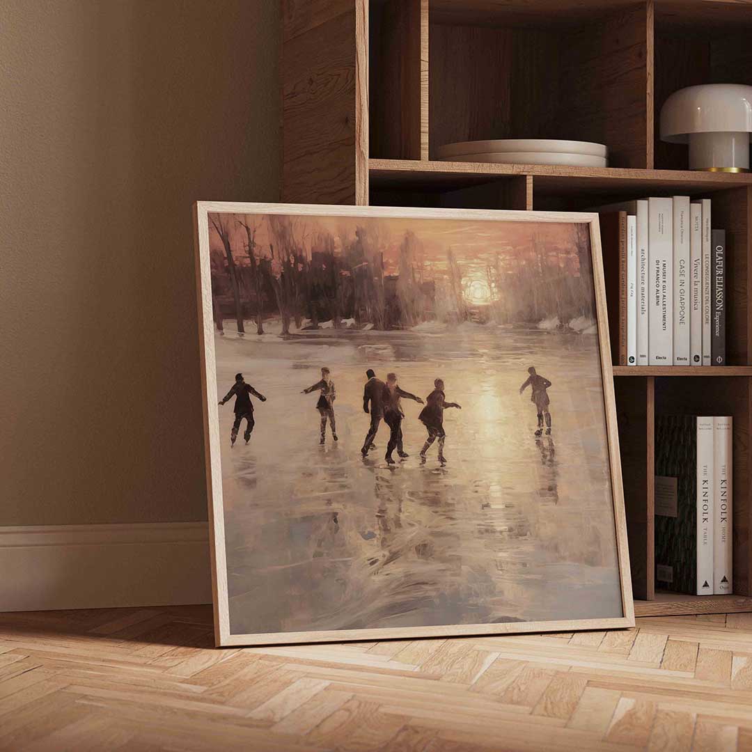 Schaatsers bij zonsondergang Poster