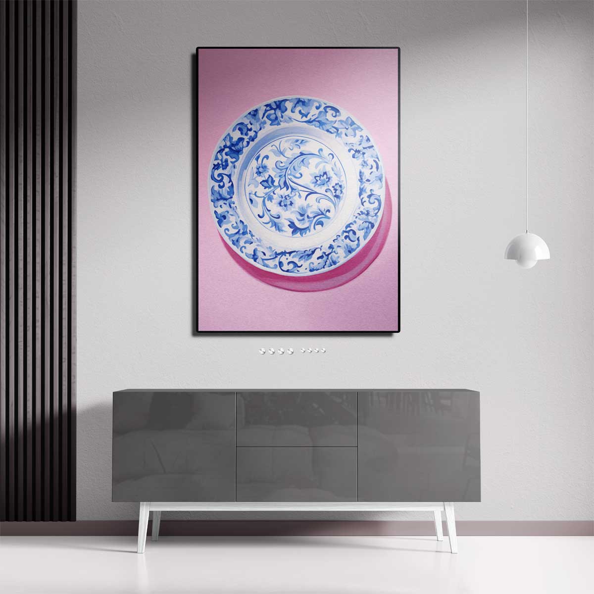 Blauwe Bloemenpracht op Roze Kunstwerk-canvas-dibond-plexiglas-wanddecoratie-WallArtistic