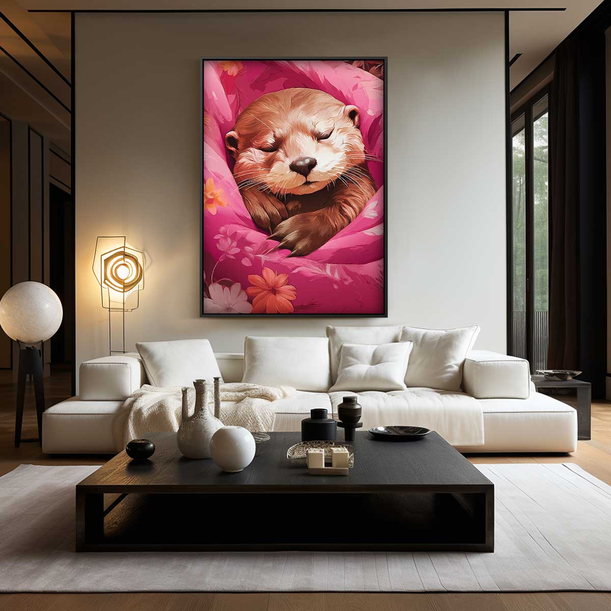 Dromerige Otter in Bloemen Kunstwerk-canvas-dibond-plexiglas-wanddecoratie-WallArtistic