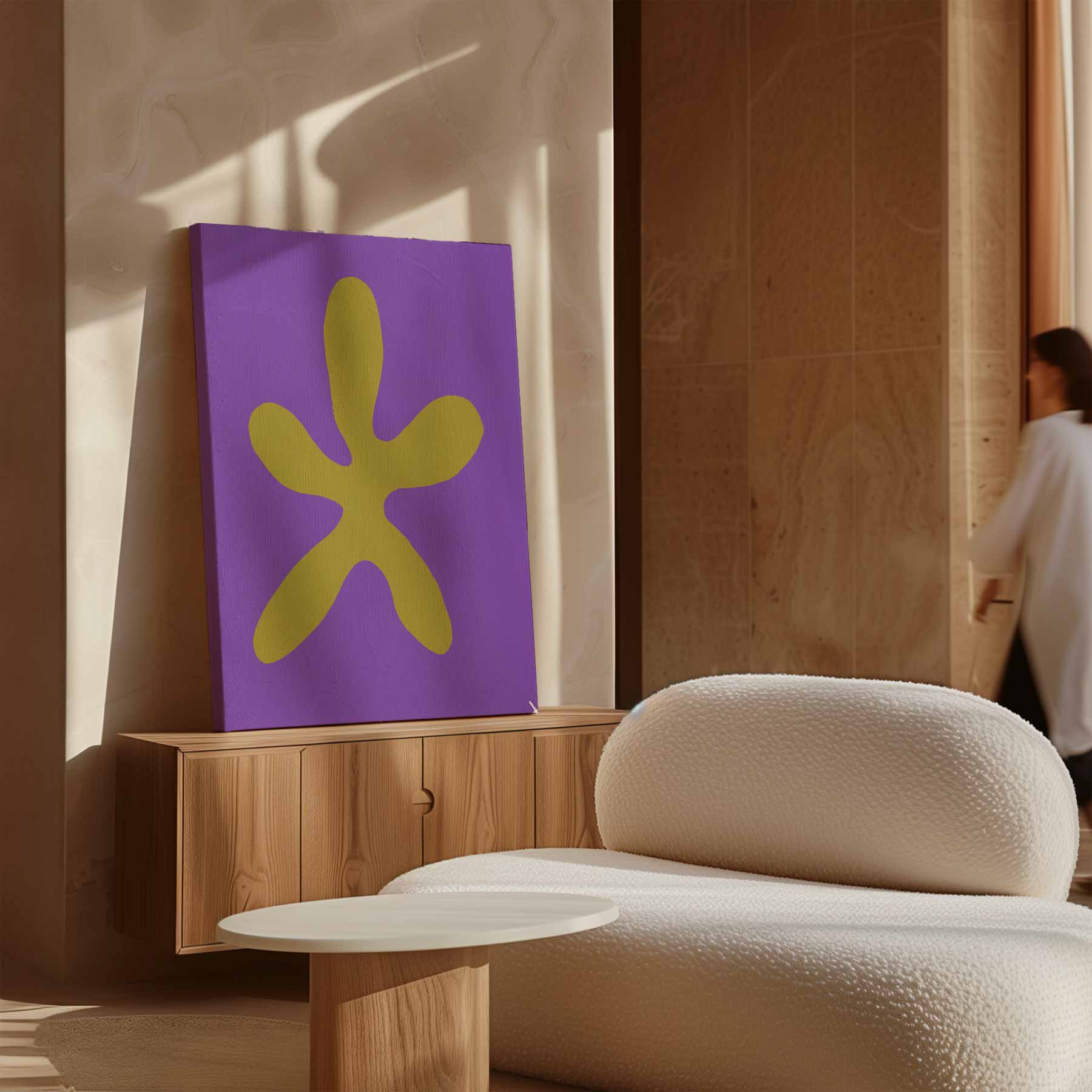Vrolijke Gele Ster op Paars Kunstwerk-canvas-dibond-plexiglas-wanddecoratie-WallArtistic