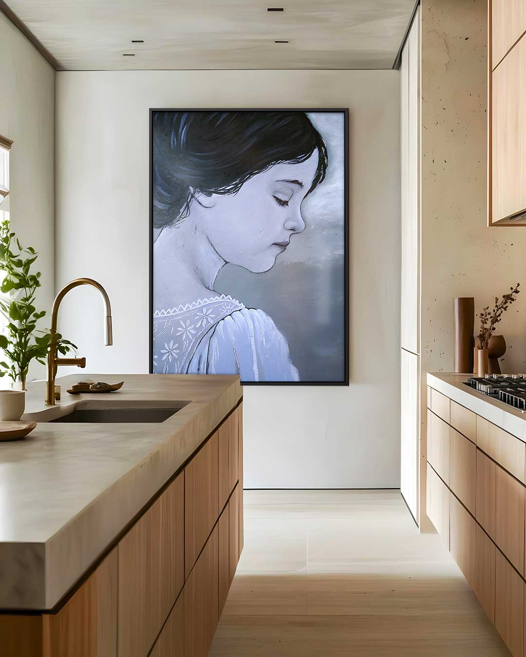 Dromerig Meisje in Grijstinten Kunstwerk-canvas-dibond-plexiglas-wanddecoratie-WallArtistic