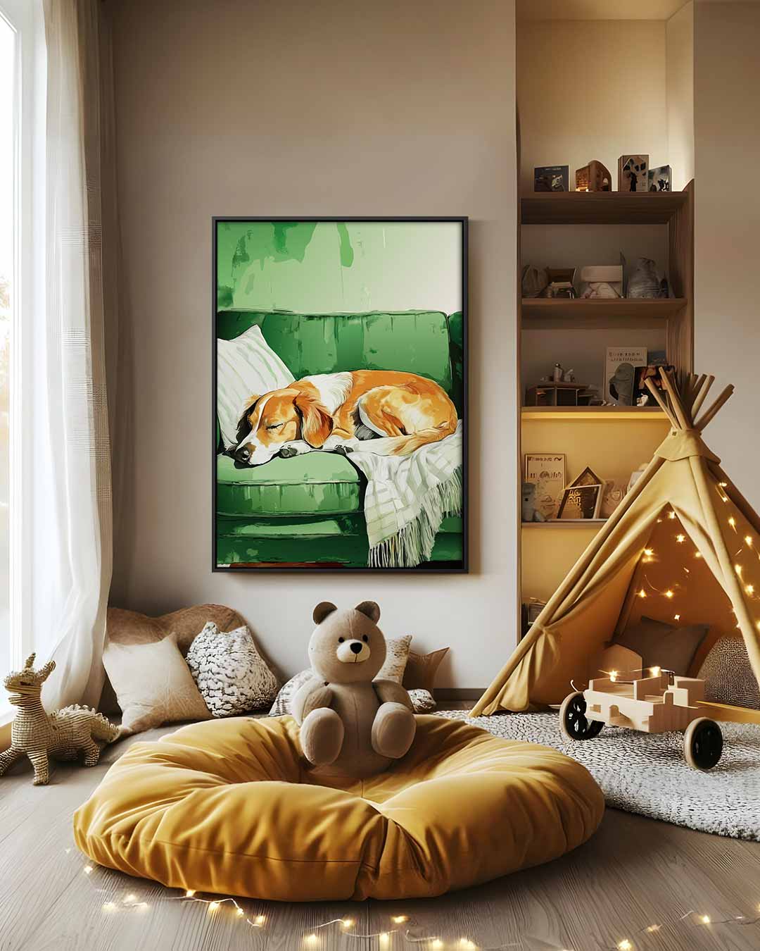 Slapende Hond op Groene Bank Kunstwerk-canvas-dibond-plexiglas-wanddecoratie-WallArtistic