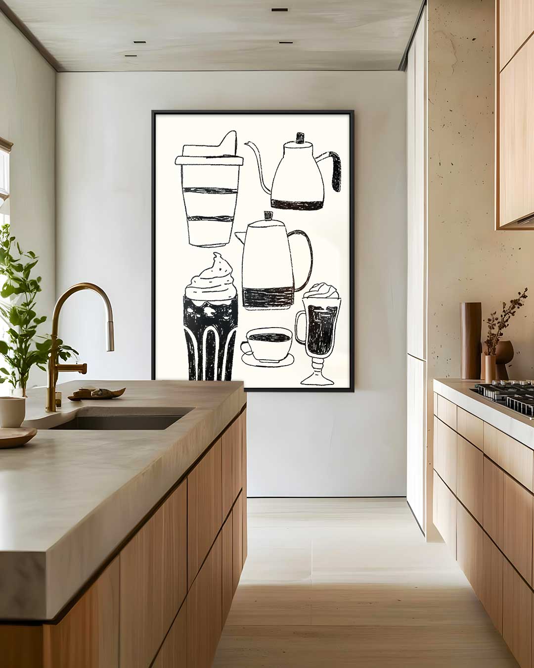 Koffieplezier in Lijnkunst Kunstwerk-canvas-dibond-plexiglas-wanddecoratie-WallArtistic
