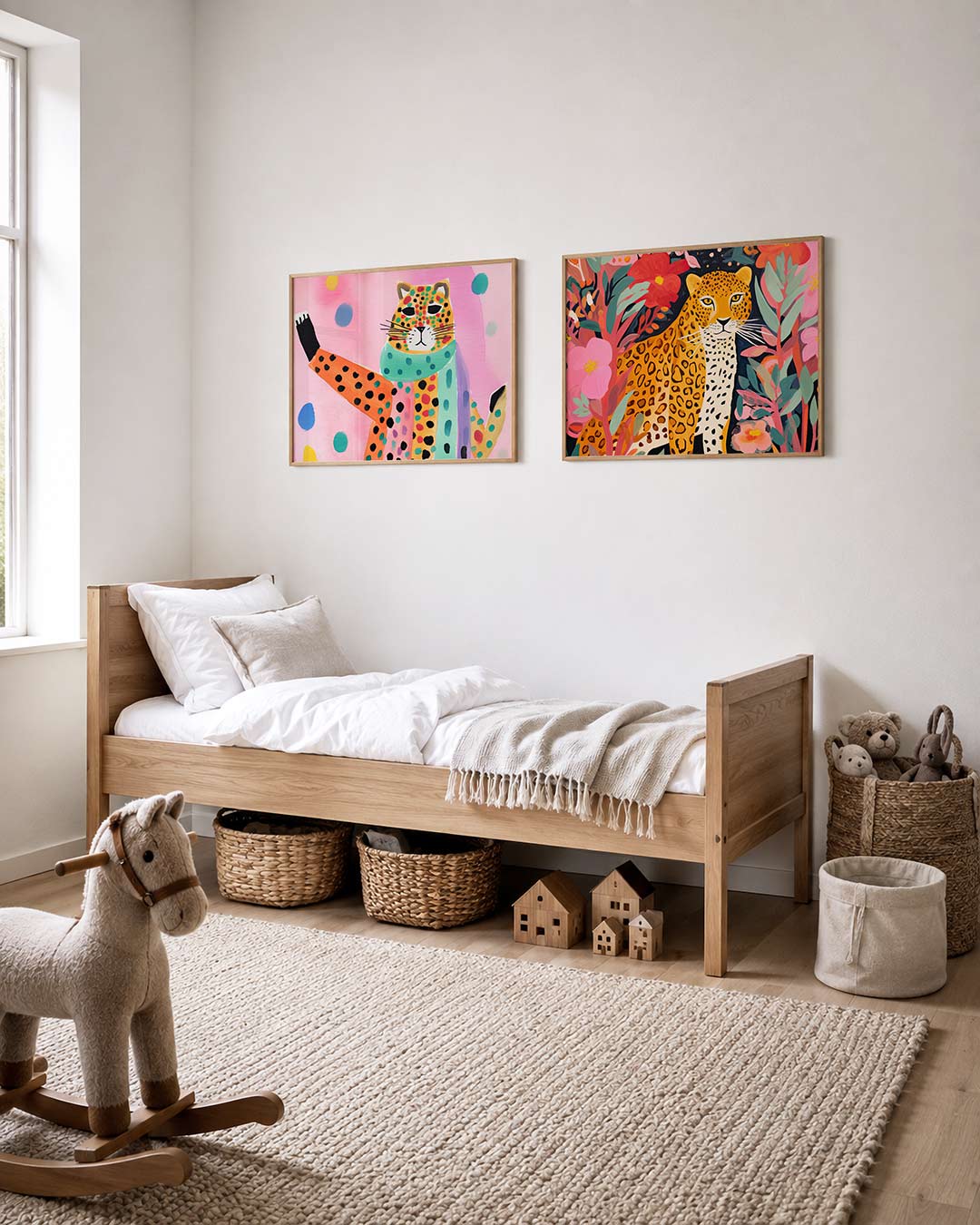 Twee liggende posters met een kleurrijke kat met stippen en strepen op een roze achtergrond, aan de muur in een interieur