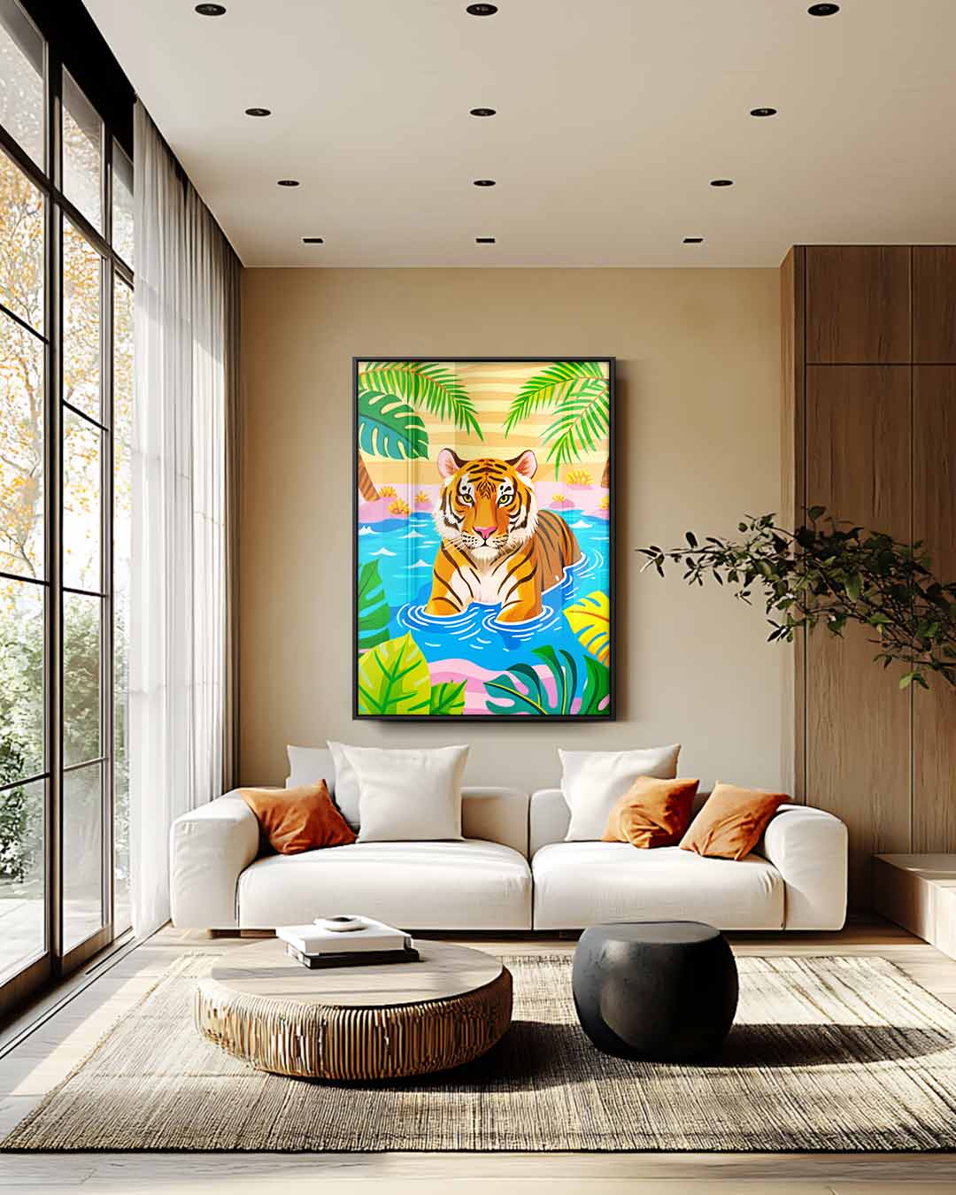 Tropische Tijger in de Lagune Kunstwerk-canvas-dibond-plexiglas-wanddecoratie-WallArtistic
