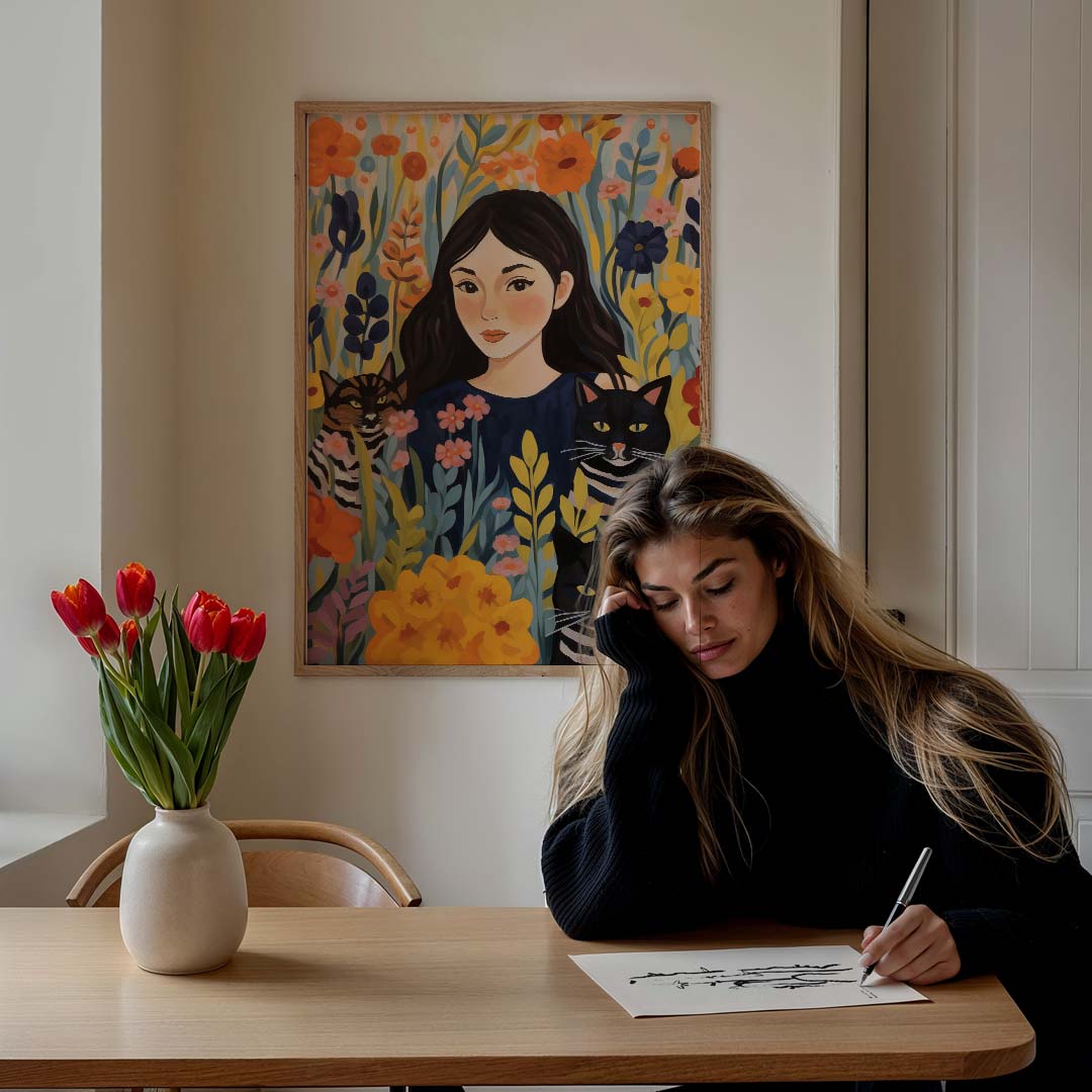 Bloemenpracht met Vrouw en Katten Poster-WallArtistic