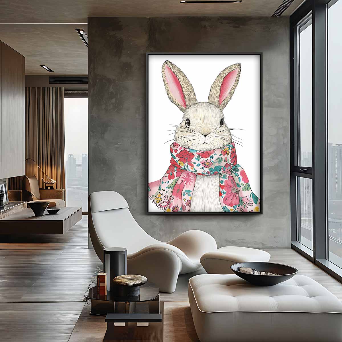Schattig Konijn met Bloemensjaal Kunstwerk-canvas-dibond-plexiglas-wanddecoratie-WallArtistic