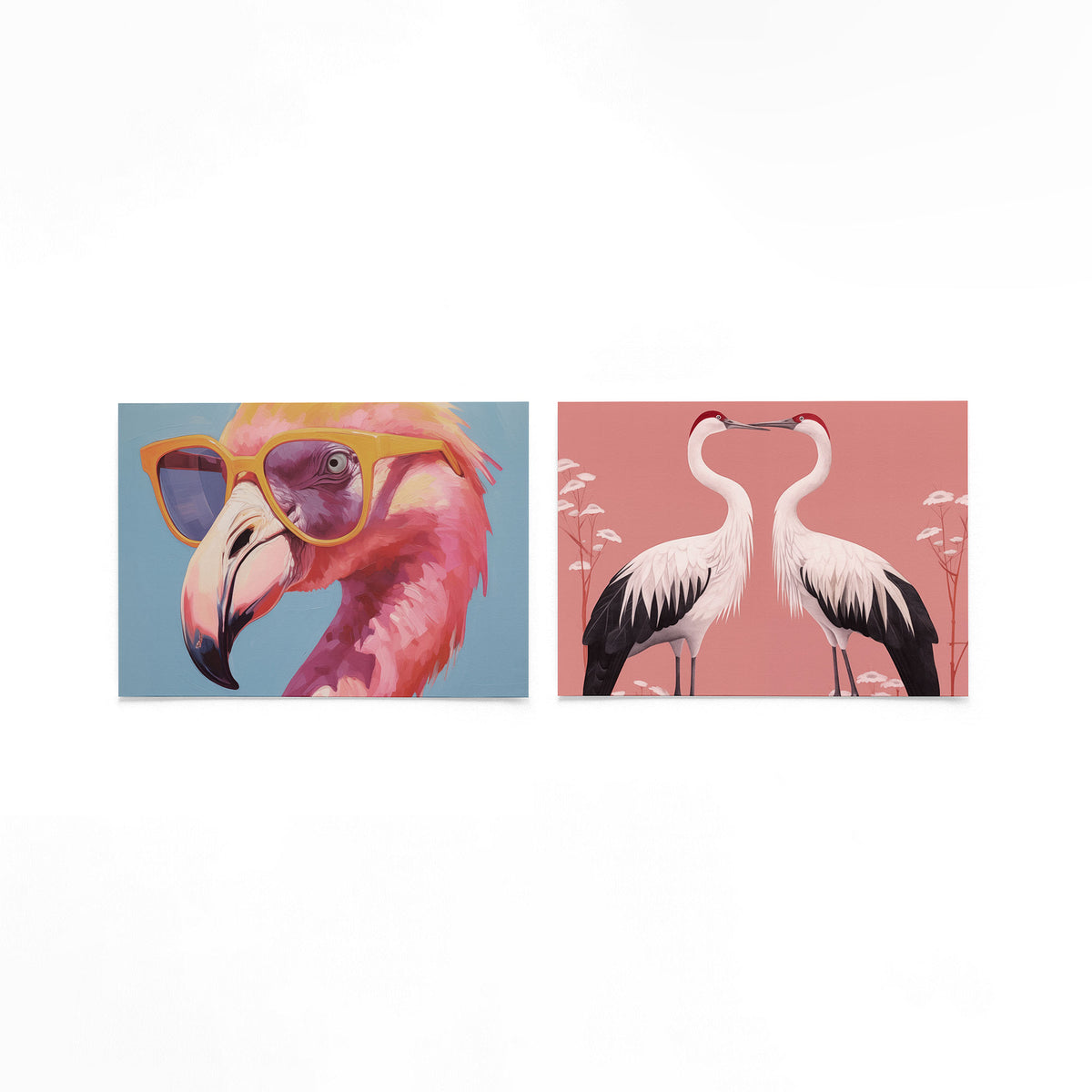 Twee liggende posters met een speelse compositie van een vogel met oranje bril op een gebroken witte achtergrond