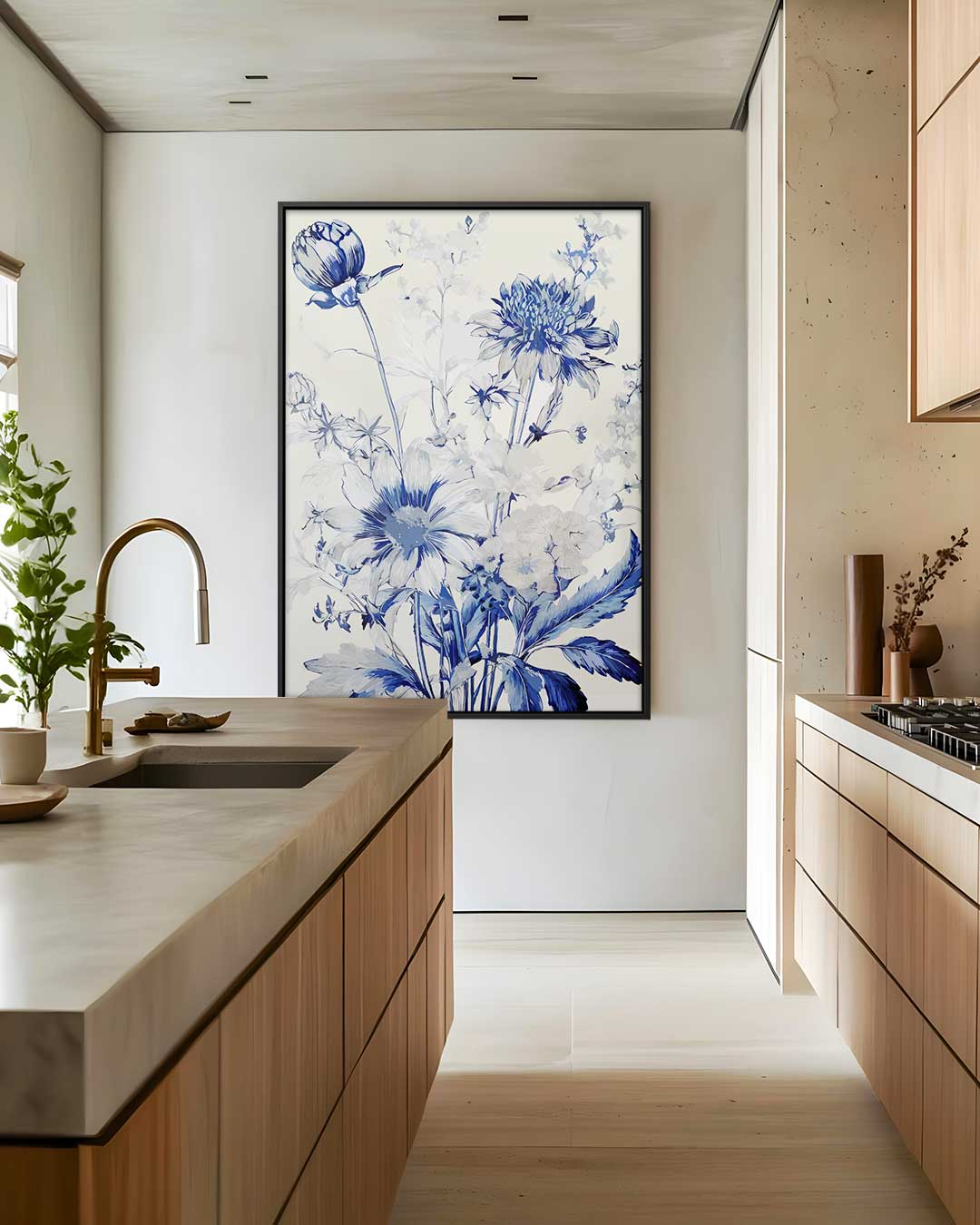 Bloemboeket in Blauw Kunstafdruk Kunstwerk-canvas-dibond-plexiglas-wanddecoratie-WallArtistic